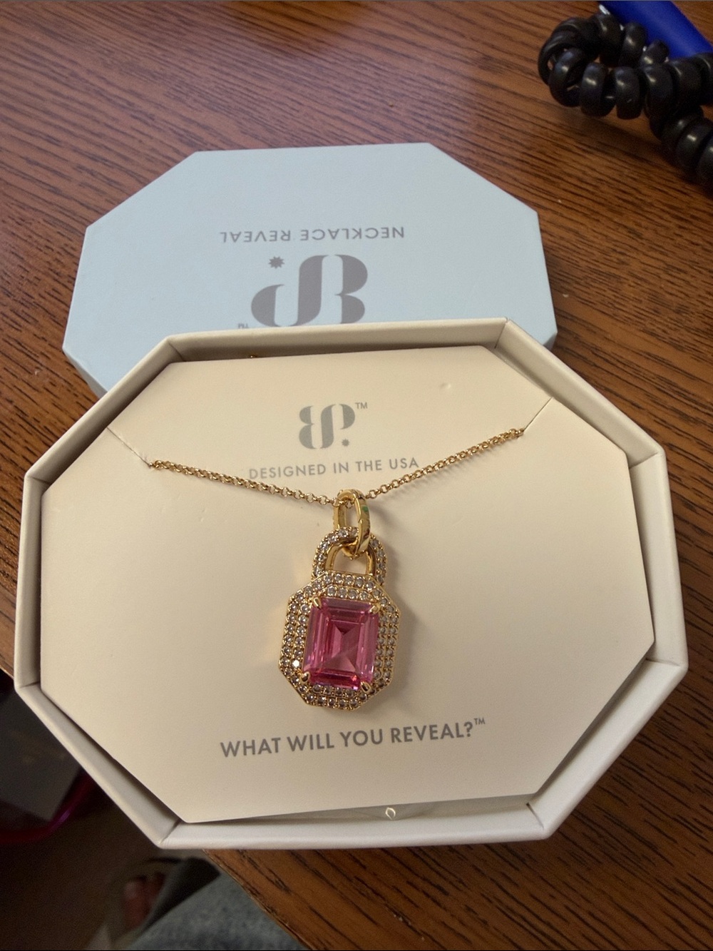 Bomb Party Gold-Tone Necklace with Pink Emerald-Cut Crystal Padlock Pendant